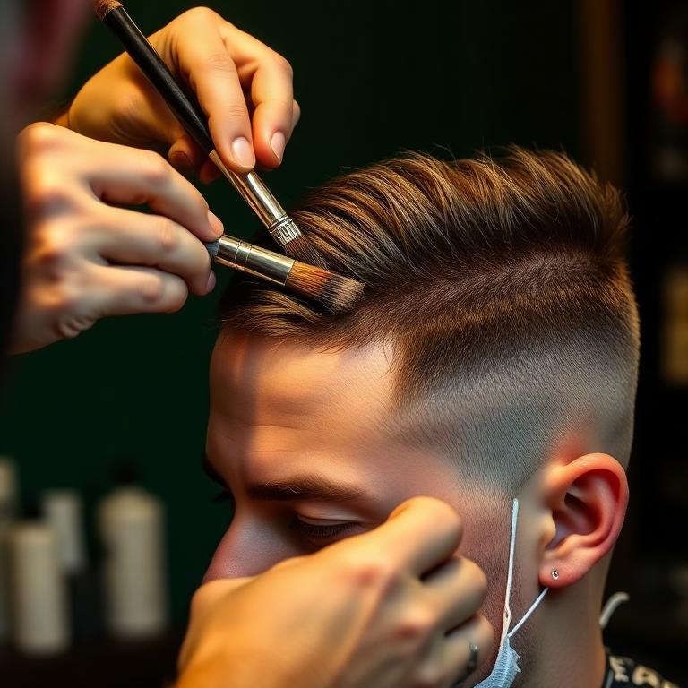 Camuflagem capilar sendo realizado na Veteran Barbearia