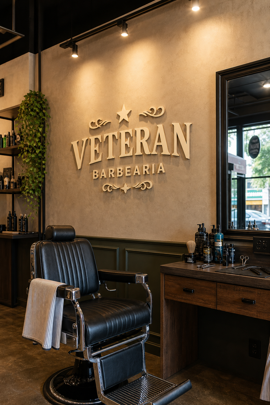 Ambiente da Veteran Barbearia com cadeira clássica e logo iluminado ao fundo